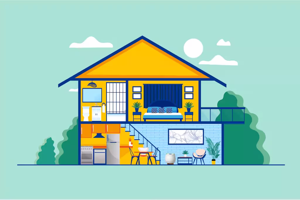 An illustration of a house interior featuring a homepure zayn indoor air purifier unit in the living room on the ground floor.