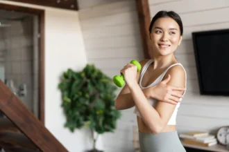 Woman exercising with a small dumbbell, reaping the benefits of a plant-based diet, which includes easing climate change effects