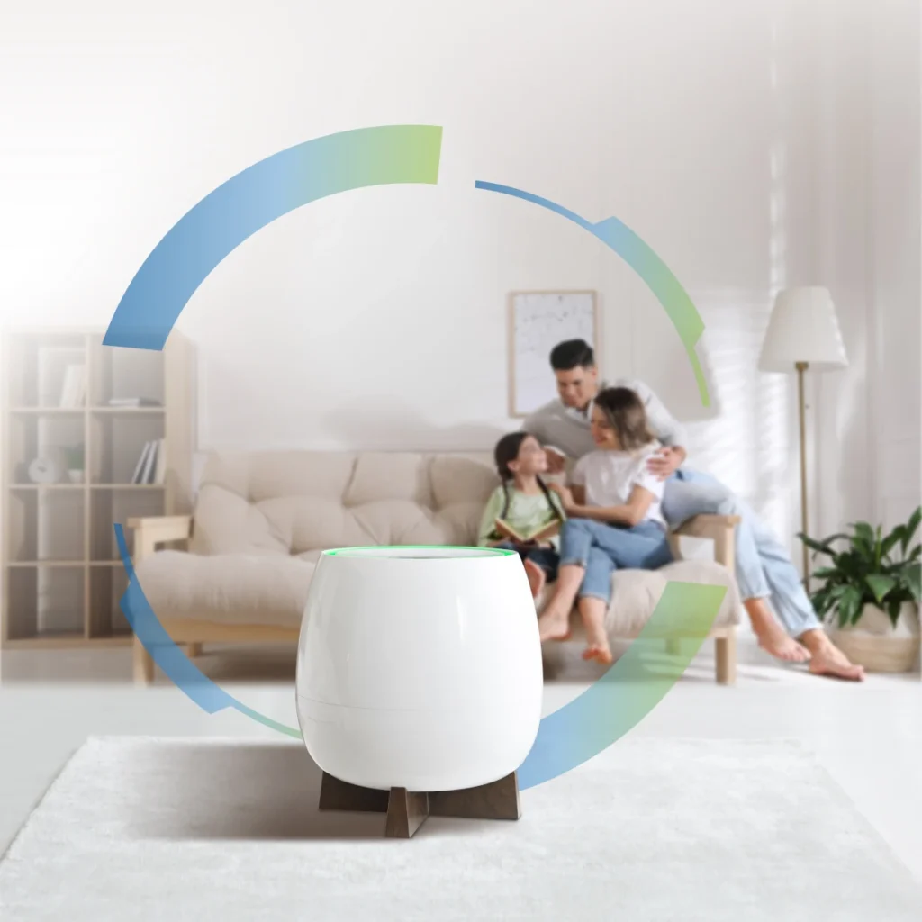 family sitting on couch with Homepure Zayn maintenance guide