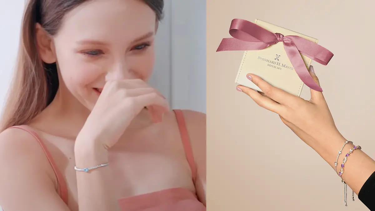 First, a woman with a bracelet around her wrist is smiling into her hand. Next to it is another woman's hand holding a box of QNET jewellery brand Bernhard H. Mayer with a pink Christmas ribbon around it for the Gift The Good Life campaign featuring QNET products.