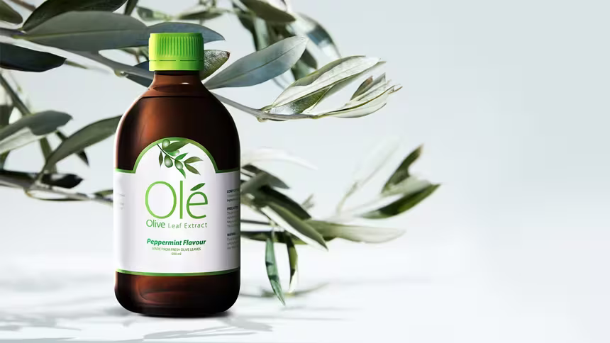 Bottle of Ole Olive Leaf Extract in front of olive leaves