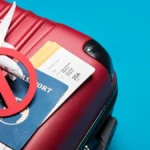 Passport, plane tickets, and a toy plane weighed down by a stop symbol on top of a suitcase, representative of the dangers of travel fraud scams