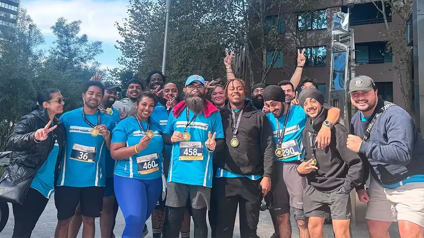 AVP Perminderjit Singh with DreamAchiever Team pose in a group photo during the 2024 Australia 108 Stair Challenge