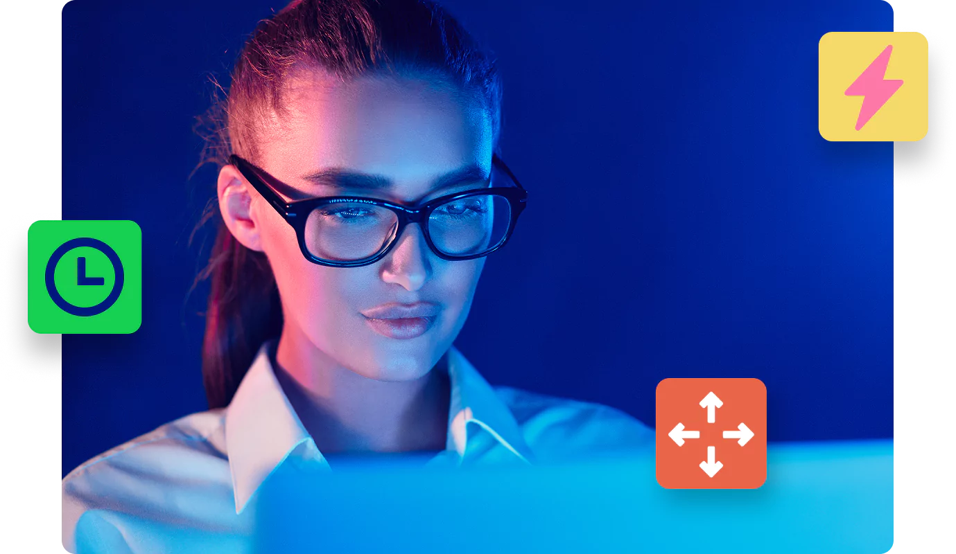 where post what woman looking at a screen with icons